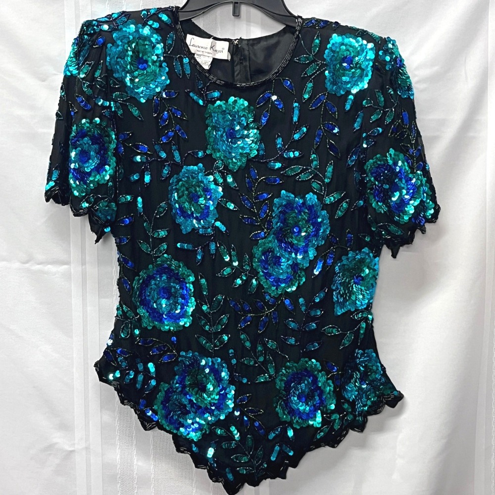 Laurence Kazar Silk Bead Sequin Floral Top Black Teal Blue Princess Mother Event
